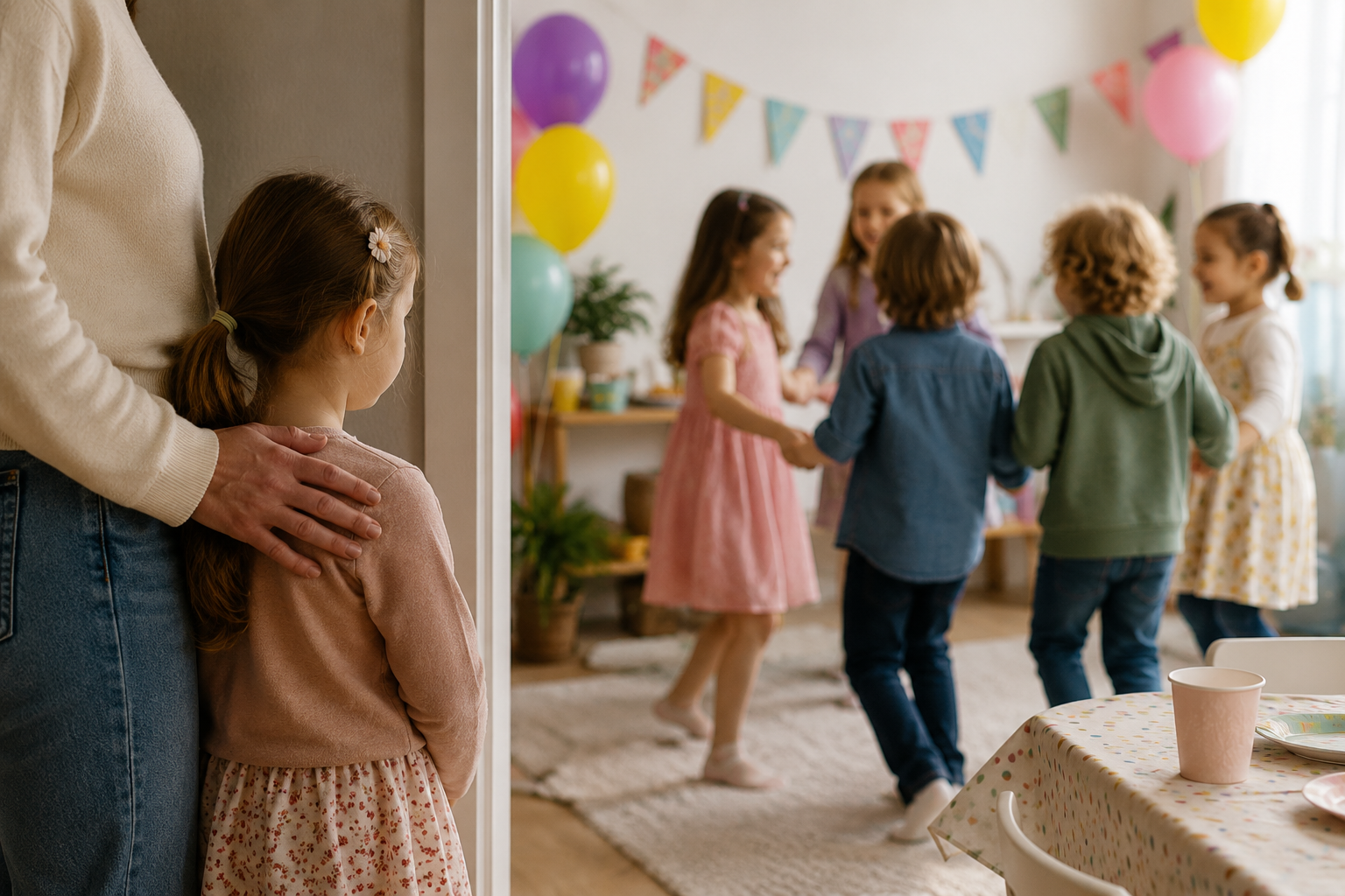 A child standing close to a parent, watching other children play at a party
