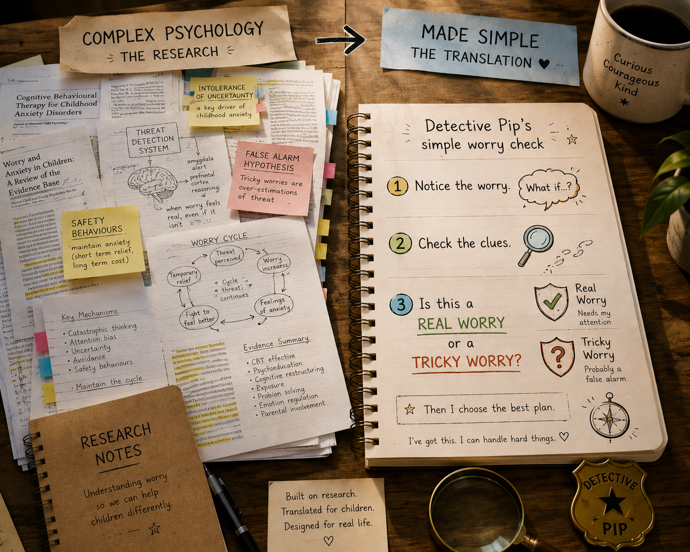 Research notes and CBT principles translated into Detective Pip's simple worry check