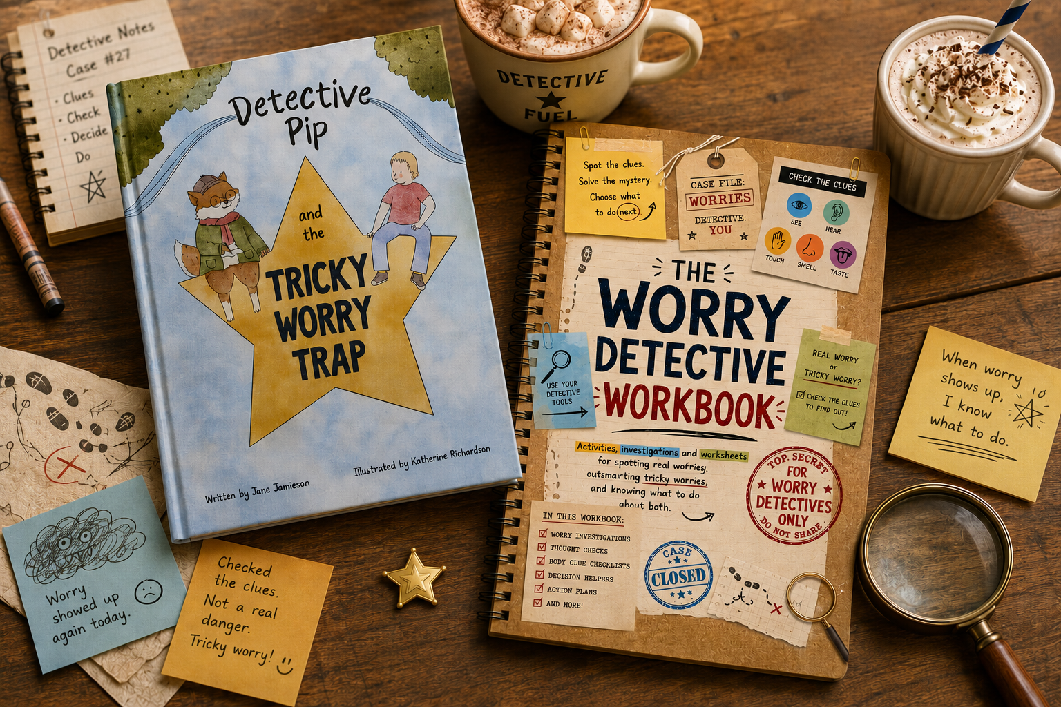 Detective Pip and the Tricky Worry Trap book alongside the Worry Detective Workbook